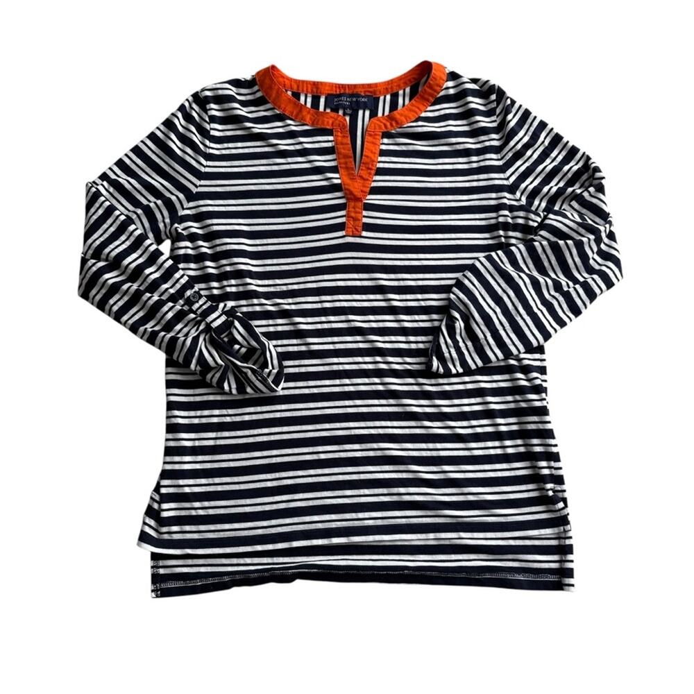 Jones New York Navy Striped Long Sleeve Tee with Orange Accent